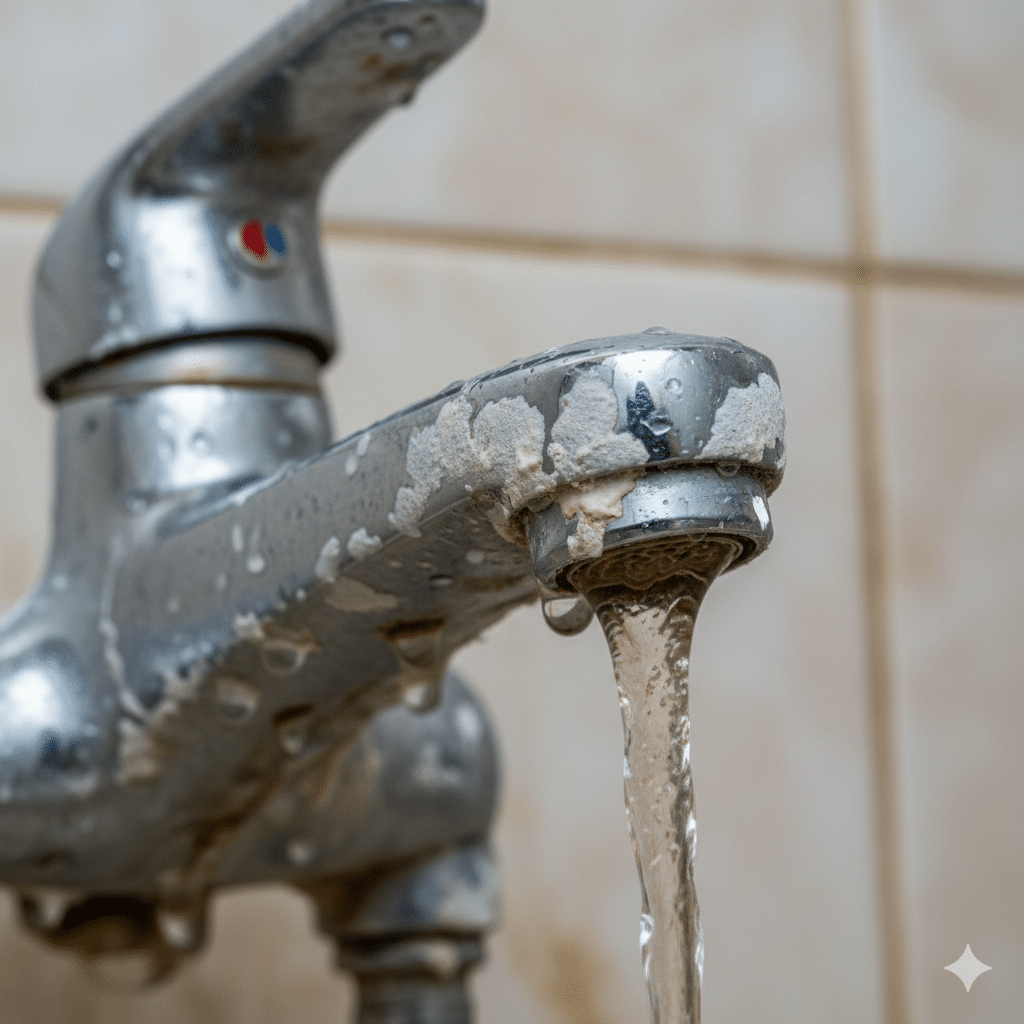 Grifería de lavamanos con sarro obstruyendo la salida de agua, síntoma de baja presión por agua dura