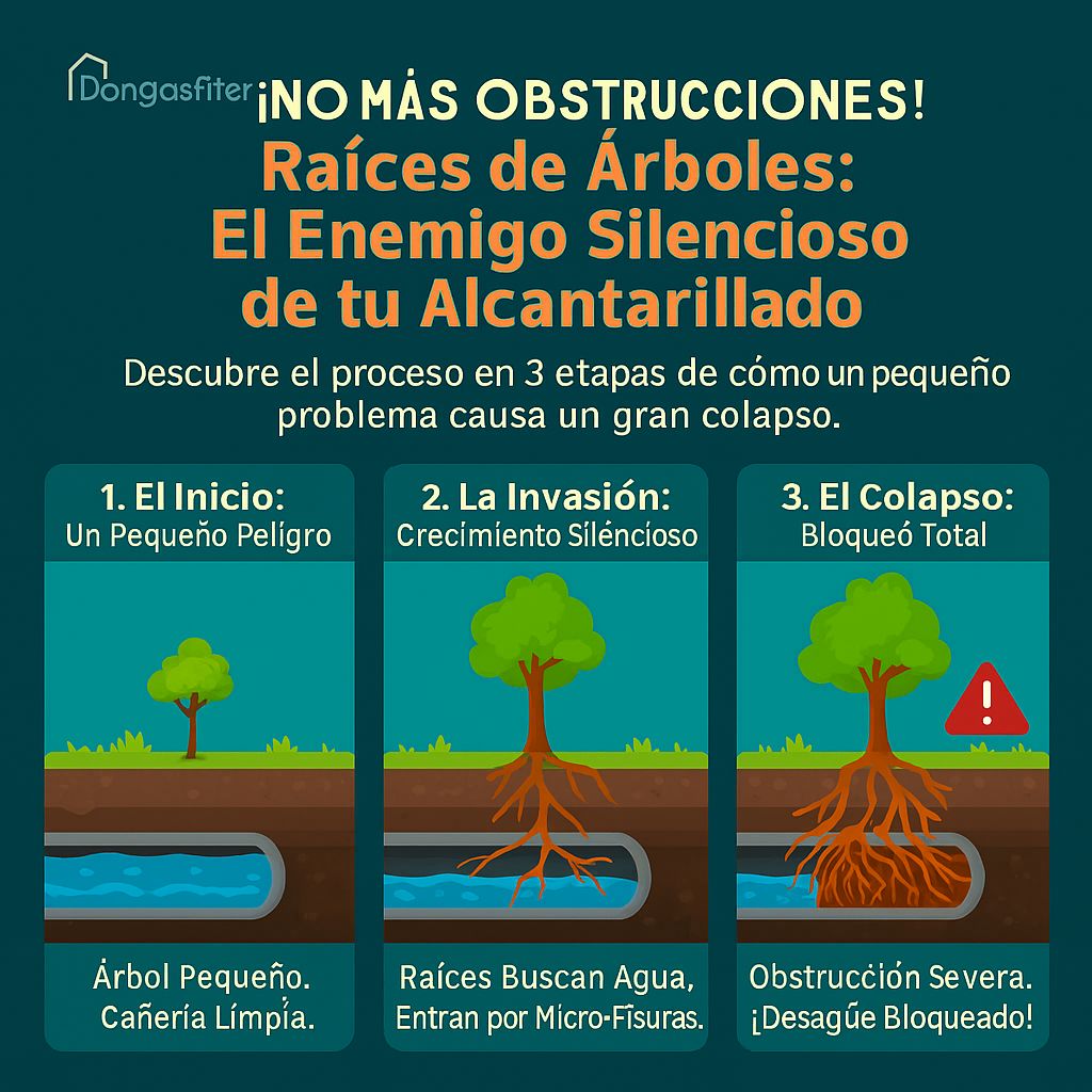 Diagrama evolución: árbol pequeño cerca del desagüe hasta que sus raíces invaden y rompen las tuberías de alcantarillado