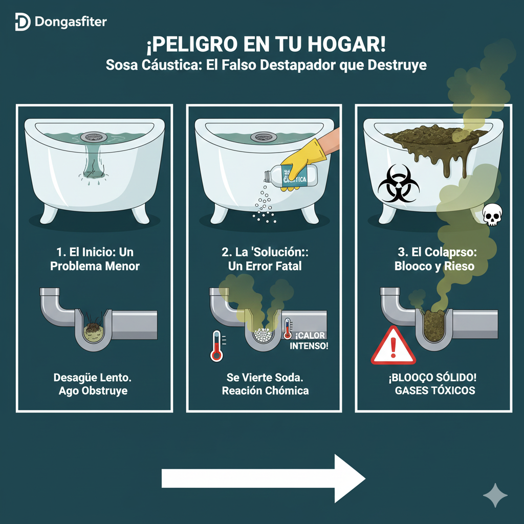 Diagrama tres fases: vertido de soda cáustica, reacción química con gases tóxicos y tapón solidificado en la tubería
