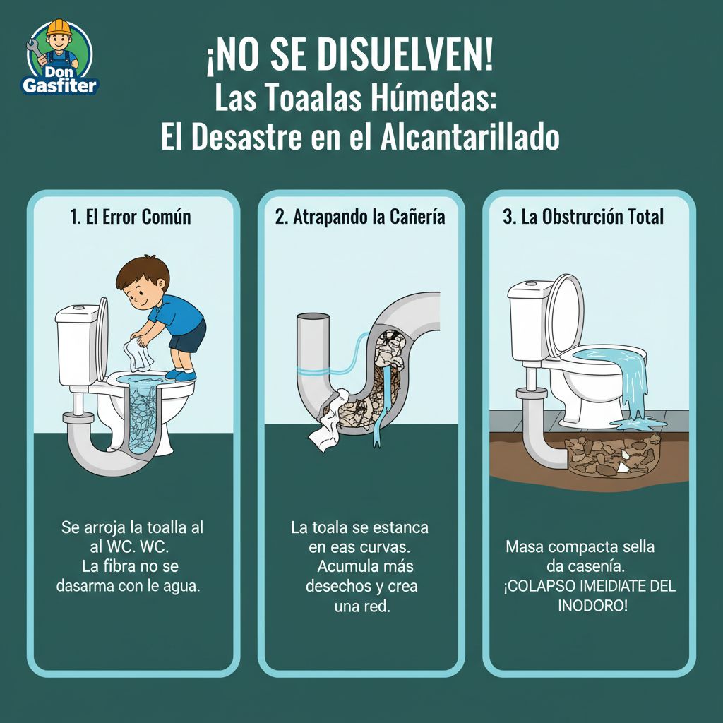 Diagrama tres fases: niño tirando toallas húmedas en el inodoro y el colapso por acumulación en las cañerías