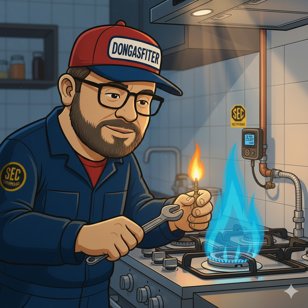 Primer plano de la mano de un técnico certificado ajustando con precisión el tornillo de calibración de aire de un quemador de cocina, con un manómetro de fondo.