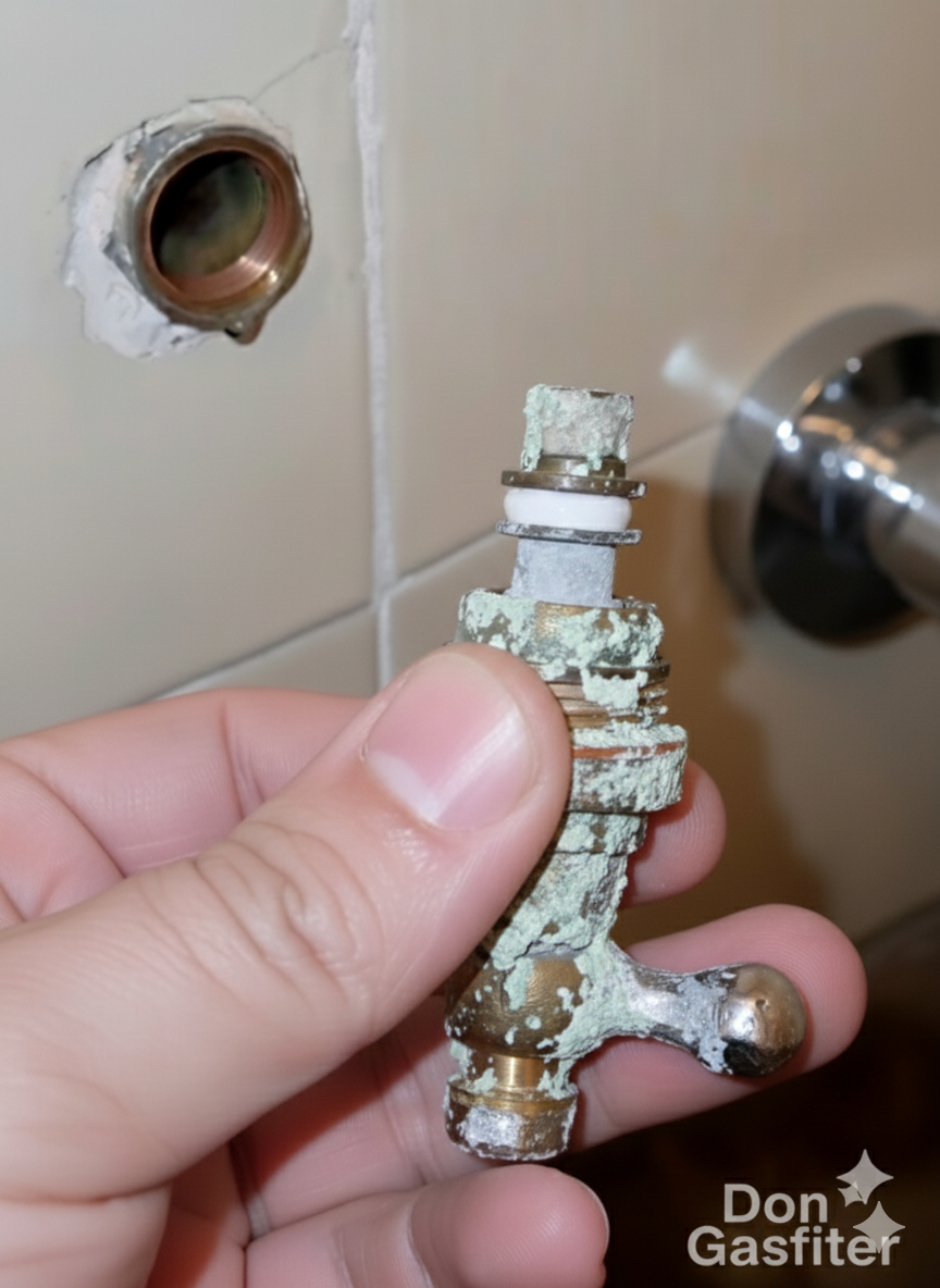 Vástago de grifería o llave de paso, extraído y cubierto completamente de depósitos de sarro blanco cristalizado