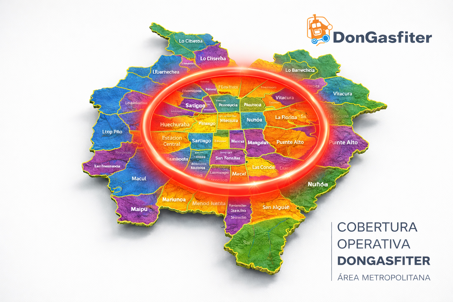 Mapa del Círculo del Sarro en Santiago — zonas de alta dureza del agua y cobertura de Don Gasfiter®